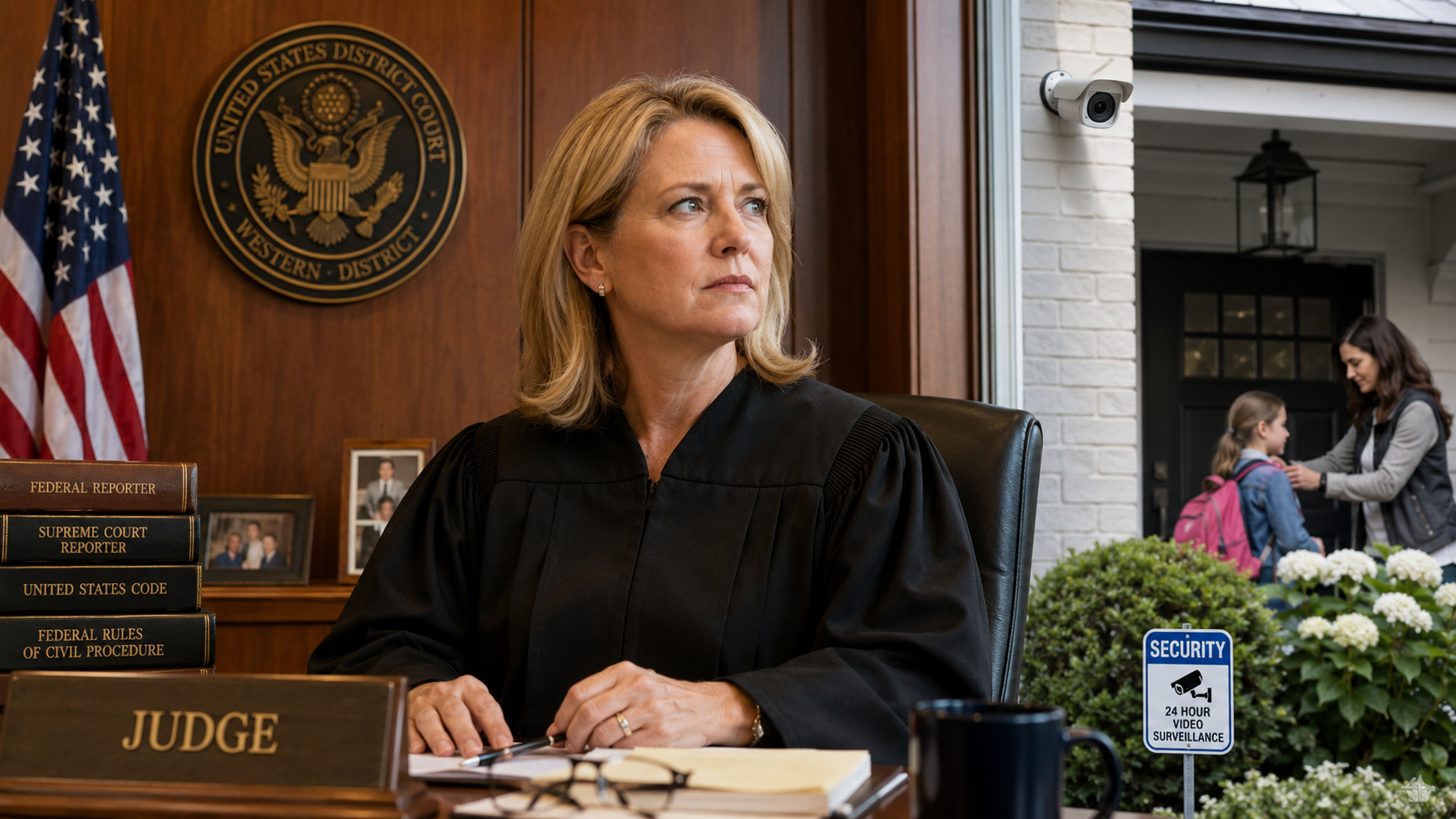 Federal judge confronting threats beyond the courthouse, illustrating residential security for judges and family exposure.