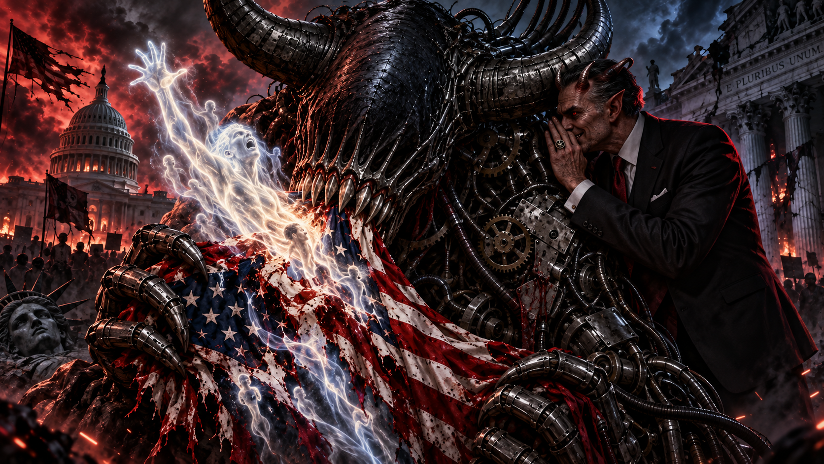 How Political Outrage Divides America, The monster draws our nations soul from the flag as it chews it up with lies and deceit.
