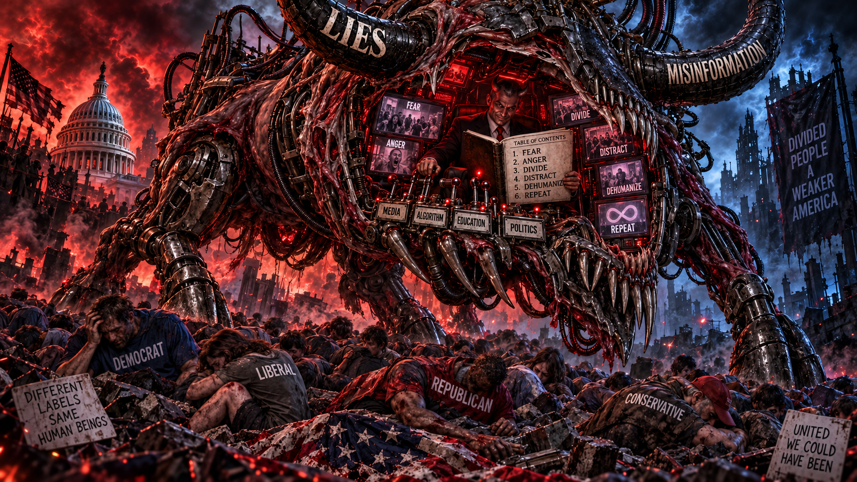 How Political Outrage Divides America, A political operator inside the Monster Engine uses fear, anger, division, distraction and dehumanization to manipulate people outside the machine.