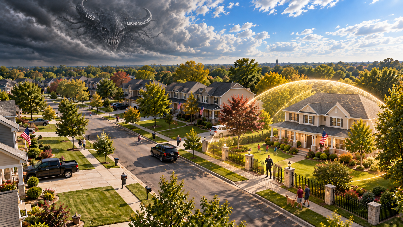 A protective agent watches a suburban neighborhood as a darker cloud shaped like the Monster Engine approaches a protected home surrounded by light.
