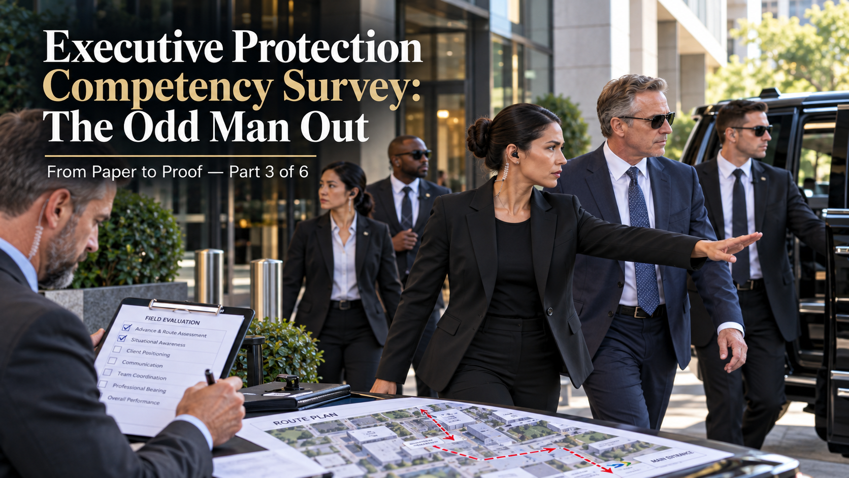 Executive protection agent completing a practical competency evaluation while an instructor observes and records performance.