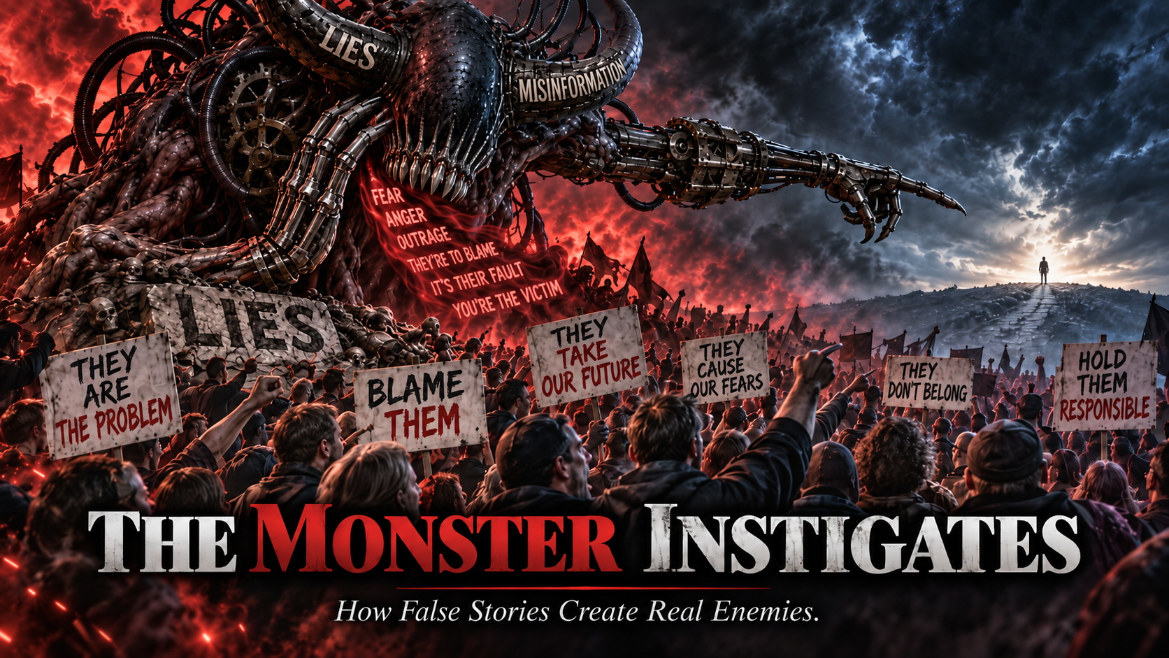 How Political Outrage Divides America, The Monster Engine feeds lies and blame to an angry political crowd while pointing toward a distant individual.