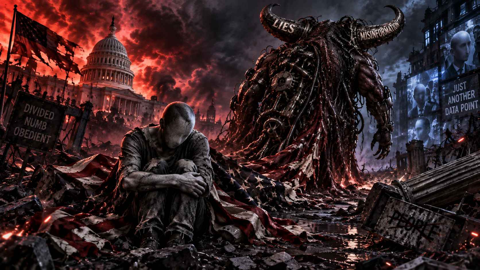 A faceless person left behind by the Monster Engine, representing how political dehumanization replaces an individual human being with a political identity.