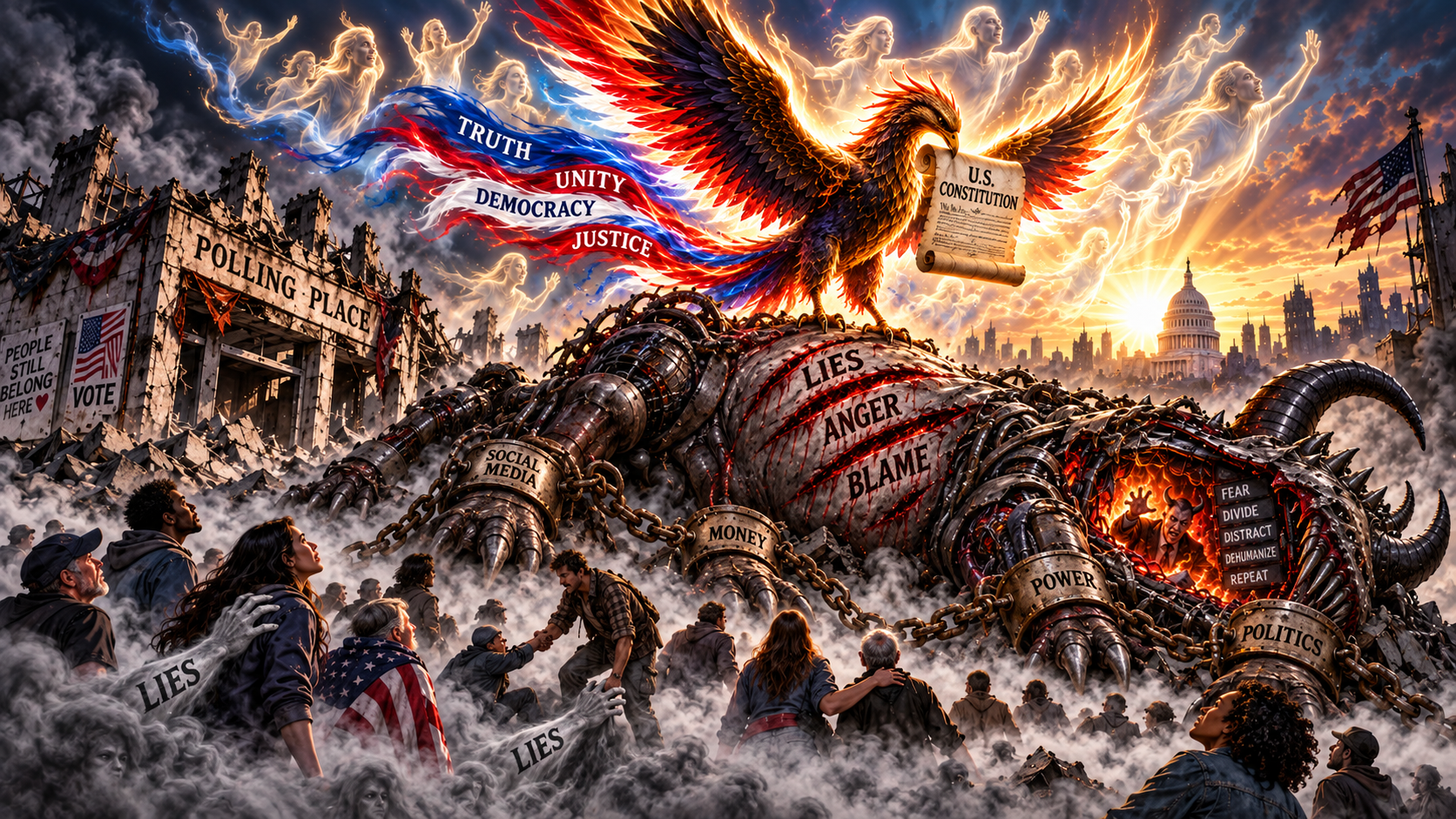 A patriotic phoenix carrying the U.S. Constitution rises above the defeated Monster Engine as citizens emerge from misinformation and political division.