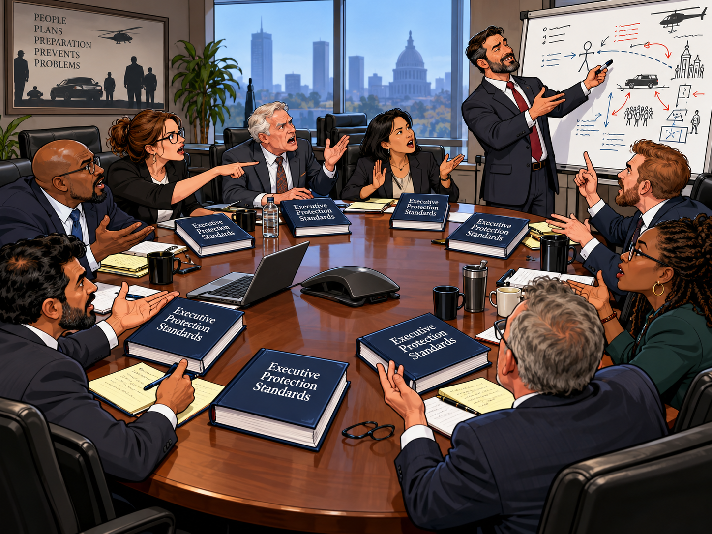 Editorial artwork comparing the value and accessibility of the Bible, military manuals, UCMJ, and public-safety references with the price of executive protection standards.