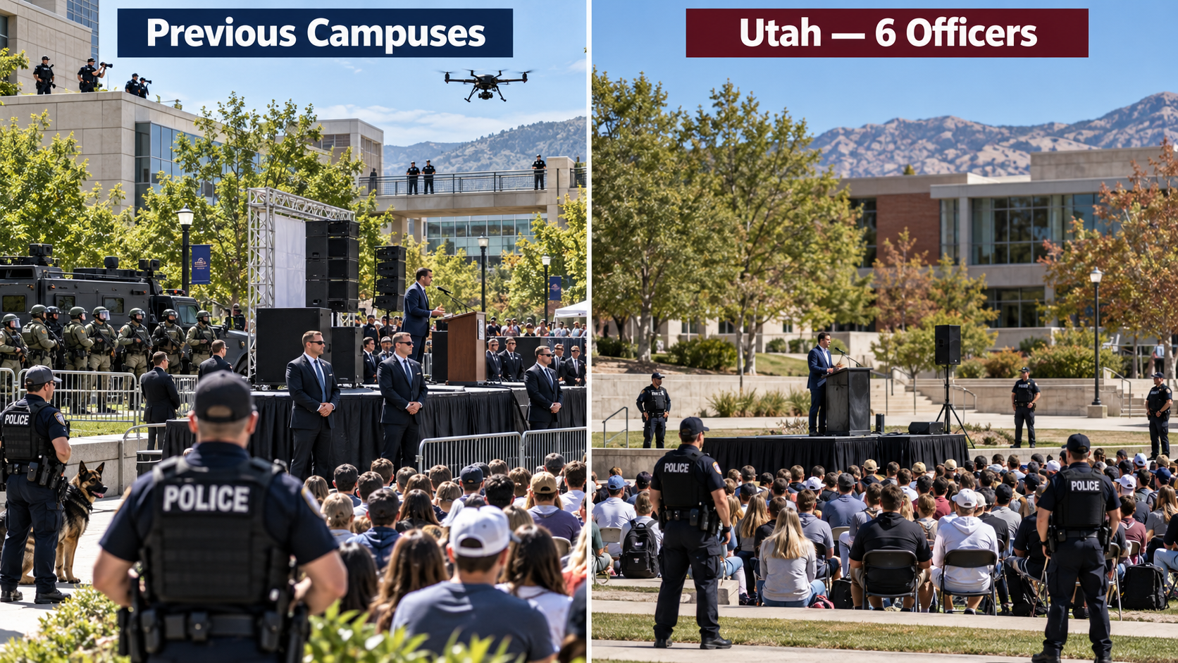 Comparison graphic showing extensive campus police protective resources at previous events versus six UVU officers supporting the Charlie Kirk event.