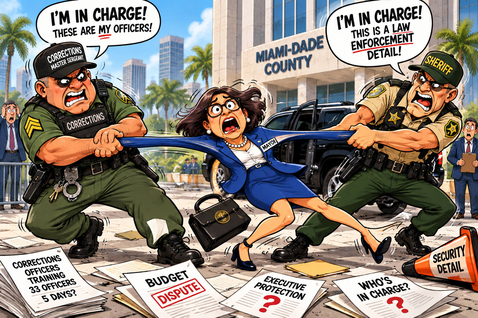Humorous political cartoon showing a Miami-Dade corrections master sergeant and sheriff's deputy arguing over control of an executive protection detail while pulling a cartoonishly stretched county mayor in opposite directions outside a county government building.