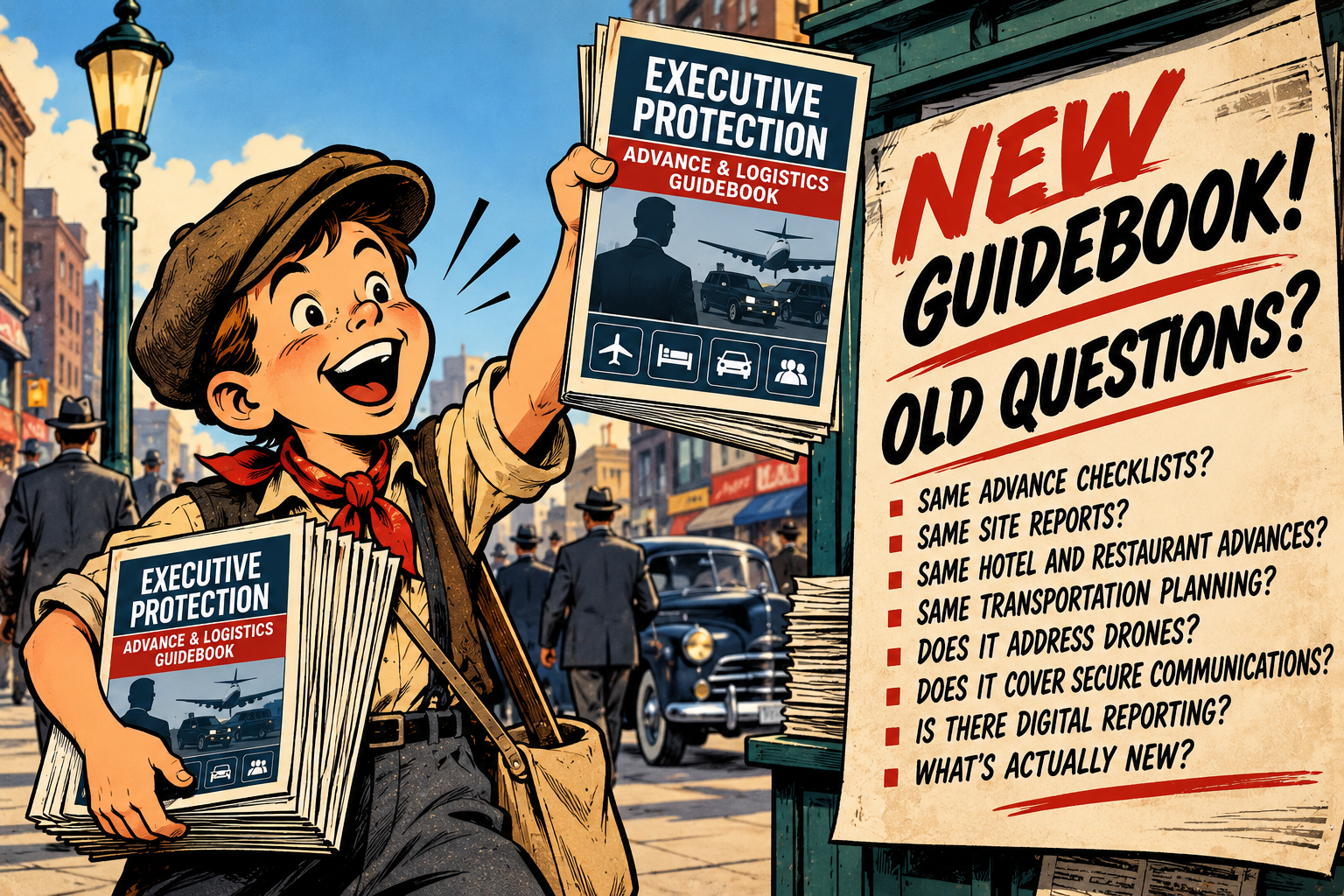 1940s-style cartoon newsboy holding an executive protection logistics guidebook beside a poster questioning traditional executive protection planning, advance checklists, site reports, secure communications, drone threats, and modern digital reporting.